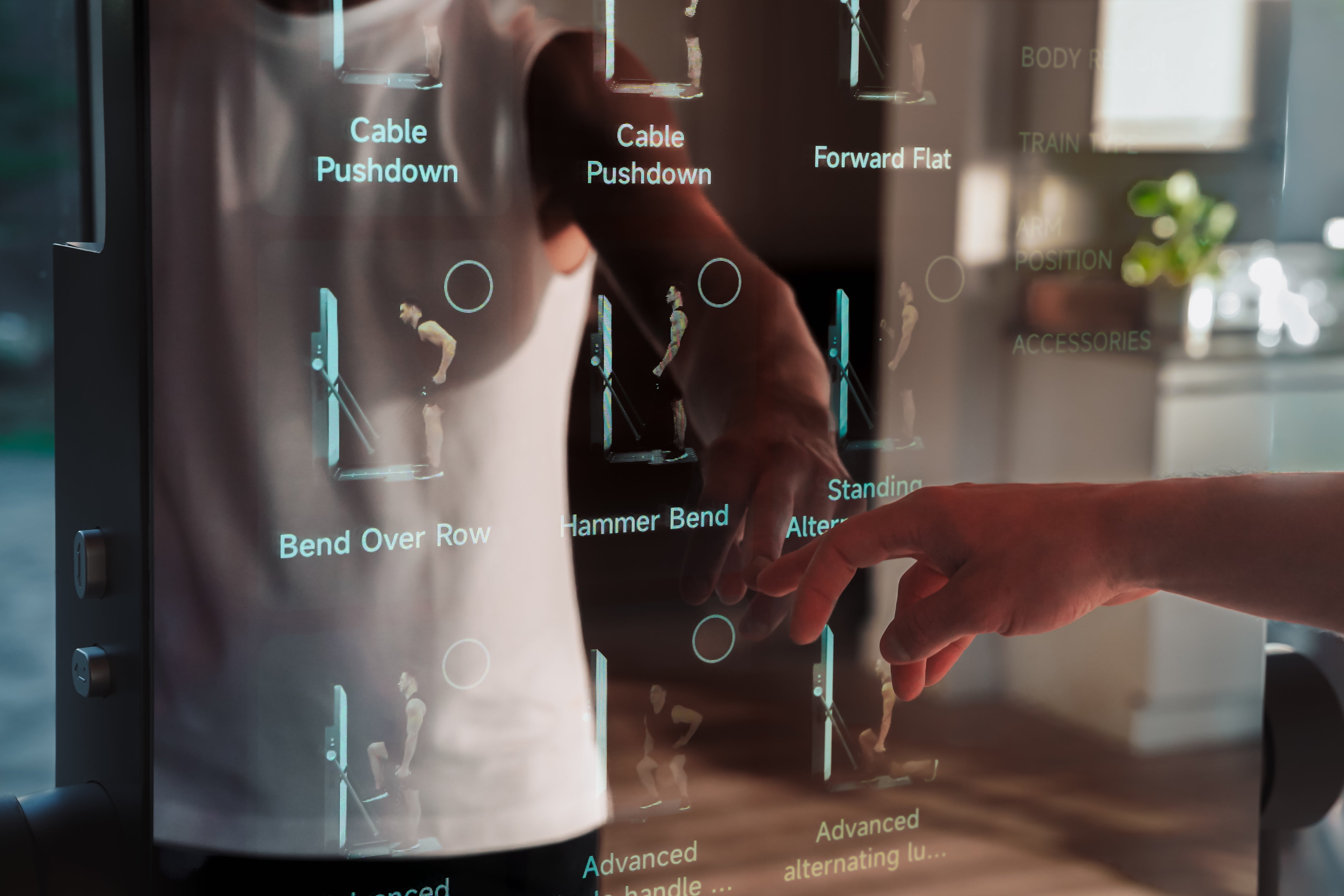 IMBODY Power S showing fitness data, body insights, and progress tracking in a calm home workout environment